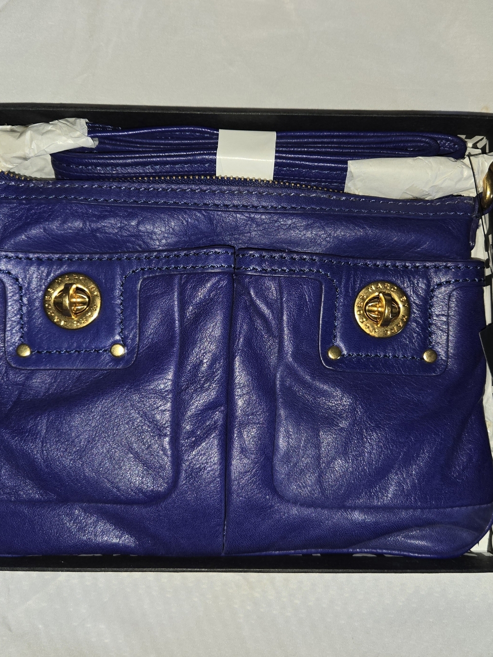 Mark Jacobs Royal Blue Leather Crossbody with Gold Turn-Lock Details